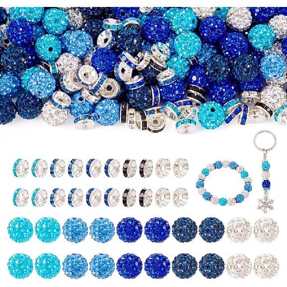 Spritewelry 40Pcs Rhinestone Clay Beads Round Pave Disco Ball Beads DIY Kit 10-14mm Strawberry Rhinestone Bling Crystal Beads 1 Roll Elastic Crystal