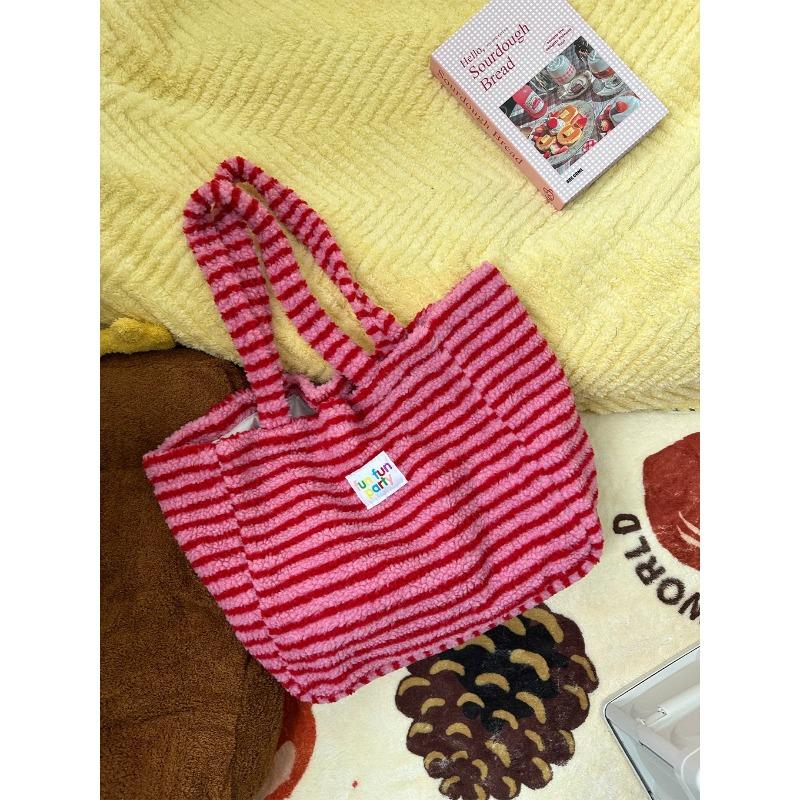 Soft Plush Stripe Women's Shoulder Bag Large Capacity Ladies Shopping Bags Cute Female Travel Tote Faux Lamb Wool Handbags Purse