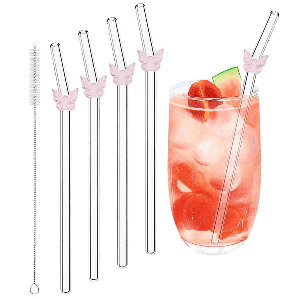 4pcs Butterfly Glass Straw with Brush 200*8mm Reusable Drinking Straw Set Milkshakes Cocktail Coffee Straws Home Bar Accessories