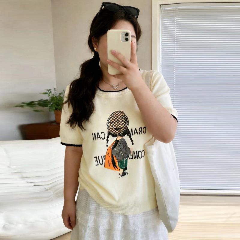 2026 Plus Size Women's Ice Silk Knit Print T-Shirt - Spring/Summer Collection, Loose Fit, Slimming, Short Sleeve