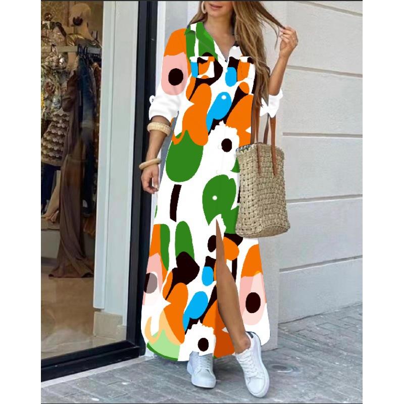 Dames Casual Dagelijkse Lange Mouw Omgeslagen Kraag Jurk Knopen Kettingen Print Mode Streetwear Jurk Losse Lange Jurk