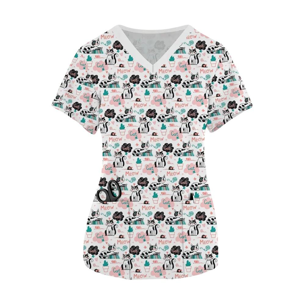 Uniformi Chirurgiche Carine Cartone Animato Gatto Donna Moda Estiva Scollo a V Medico Micro-Elastiche Manica Corta Tasche Applicate Abbigliamento Medico