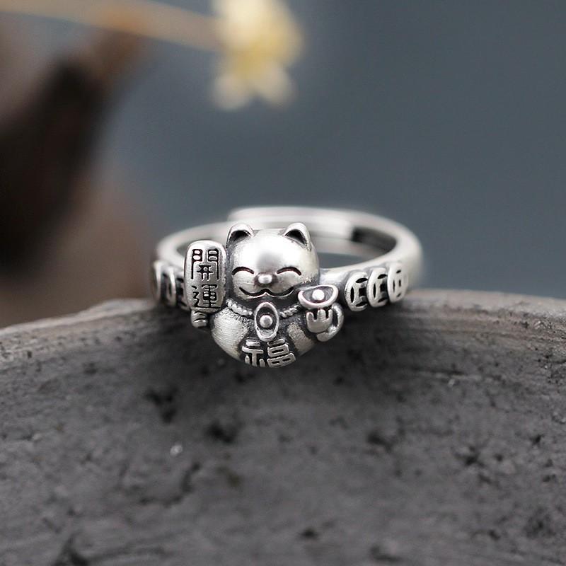 Adjustable Open Ring Men Women Vintage Lucky Cat Coin Design Copper Plated Retro Finger New Gift