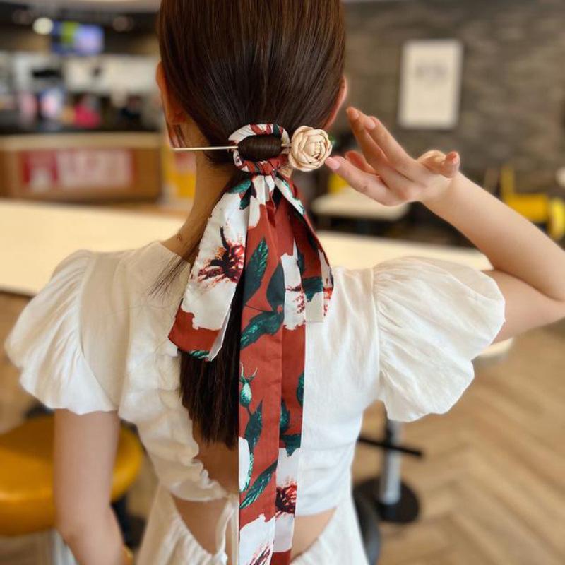 New Silk Scarf Printed Hair Sticks Chinese Style Elegant Women's Long Ribbon Hair Band Bandana Hair Stick Clip Hair Accessories