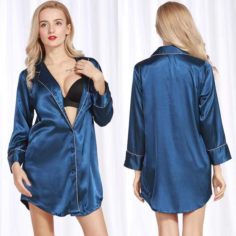Sleepwear Long Sleeve Nightshirt Satin Sleepshirt Button Front Pajama Top for Women