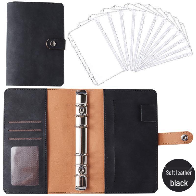 A6 Macaroon Leather Notebook Binder with 12 Refillable Zipper Pockets for Bills and Coins