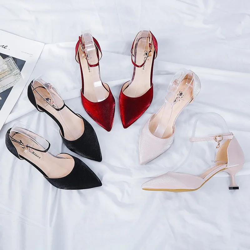 2024 Summer New Sandals Women Pearl Chain Ankle-Wrap Stiletto Pointed Toe Casual Nude Buckle Strap Shoes for Women