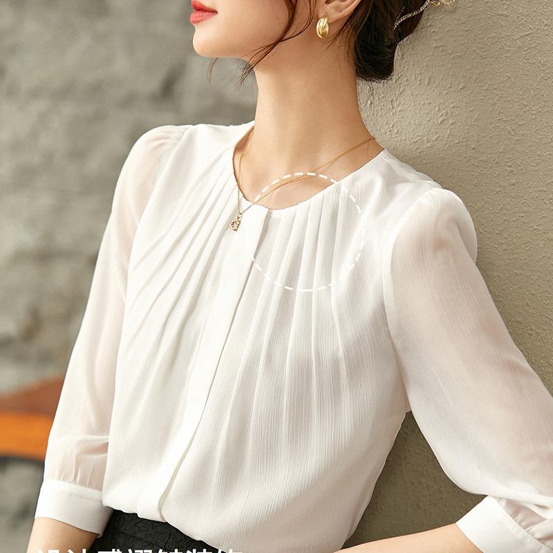 Fashion Round Neck White Chiffon Shirt Women Temperament Office Lady Solid Casual Blouses Tops Summer Seven Quarter Sleeve Elegant Female Shirts 26065