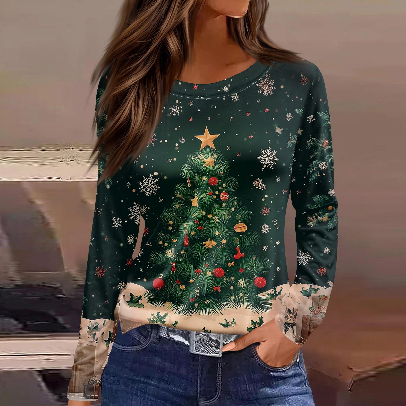 

Женская мода повседневный топ с разрезом по низу и рождественским принтом с круглым вырезом и длинными рукавами XXL