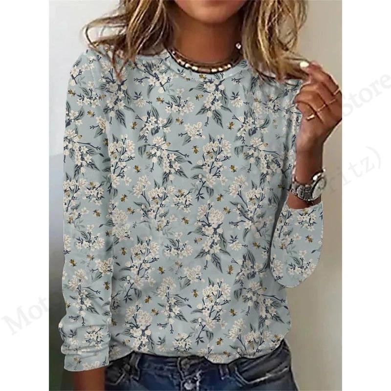2025 New Floral 3d Print T-Shirt Casual Crew Neck Long Sleeve T-shirt Women's Clothing Fashion Casual Oversized Tops Tees Female