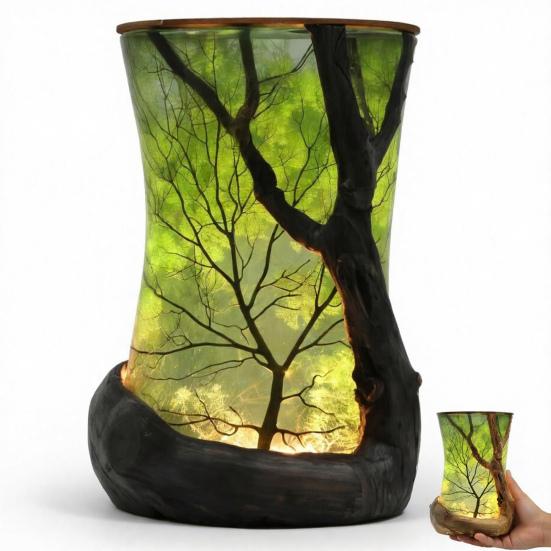 Forest Theme Night Light Handmade Resin Warm Light Rustic Nature-Inspired Ambient Bedside Lamp for Bedroom Living Room Decor