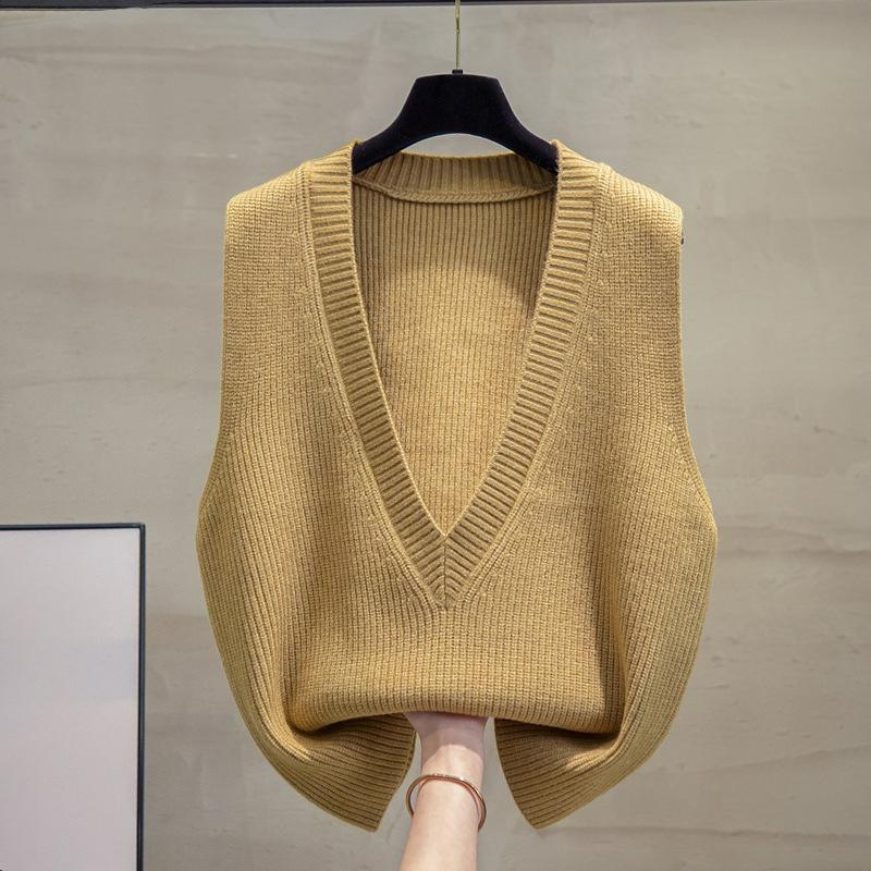 Deep V-neck Knitted Vest Vest Women's Spring and Autumn Loose Waistcoat Outer Wear Clothes Outer Sweater Waistcoat