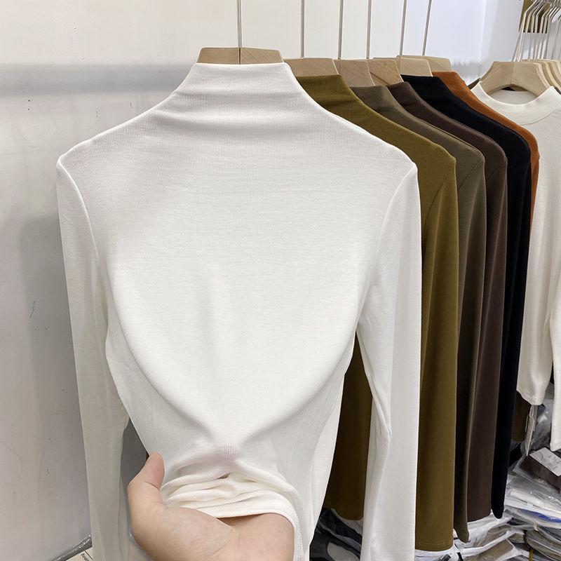 Women's Elastic Slim-Fit Long-Sleeve Half-High Collar Fleece T-Shirt - Soft, Skin-Friendly, 2022 Autumn/Winter Collection