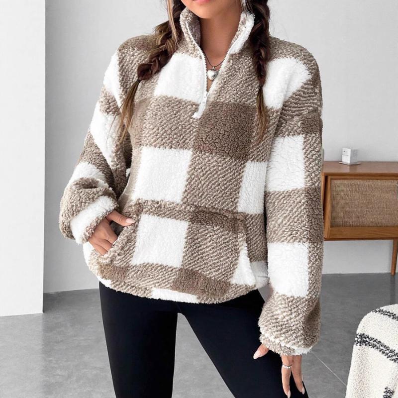 2025 Autumn and Winter Fashionable Short Plaid Half-open Collar Plush Sweatshirt for Women