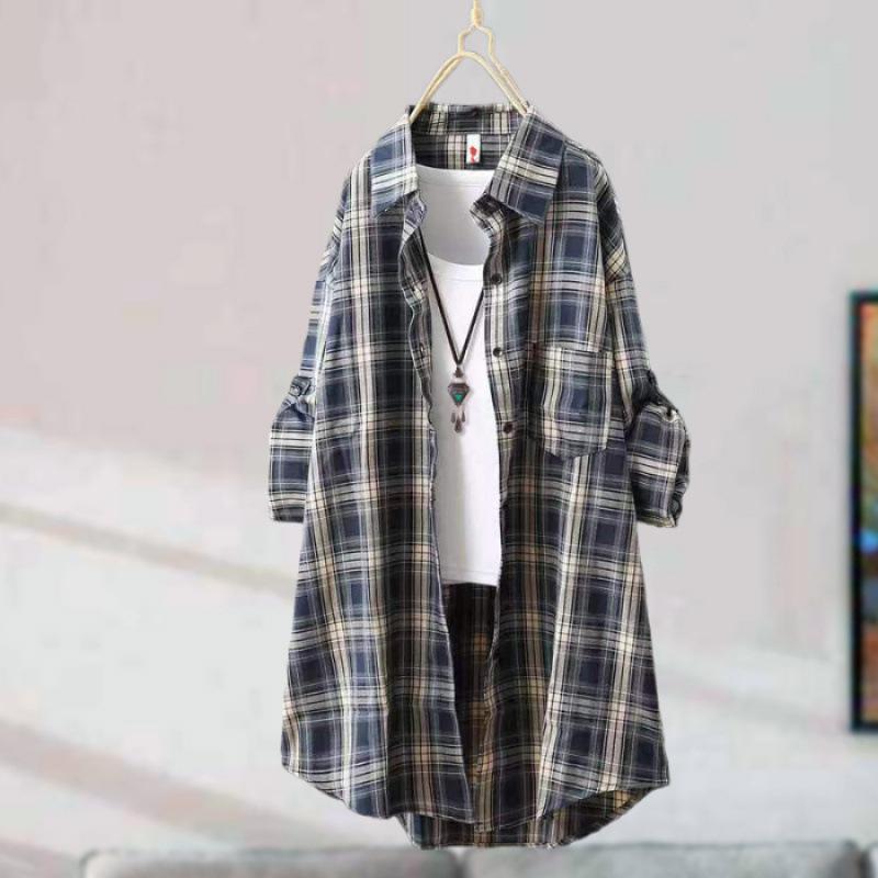 

Plaid Shirt Women - Oversized Long Sleeve Button Down Shirt Dress Casual Thin Coat S тёмно-синий