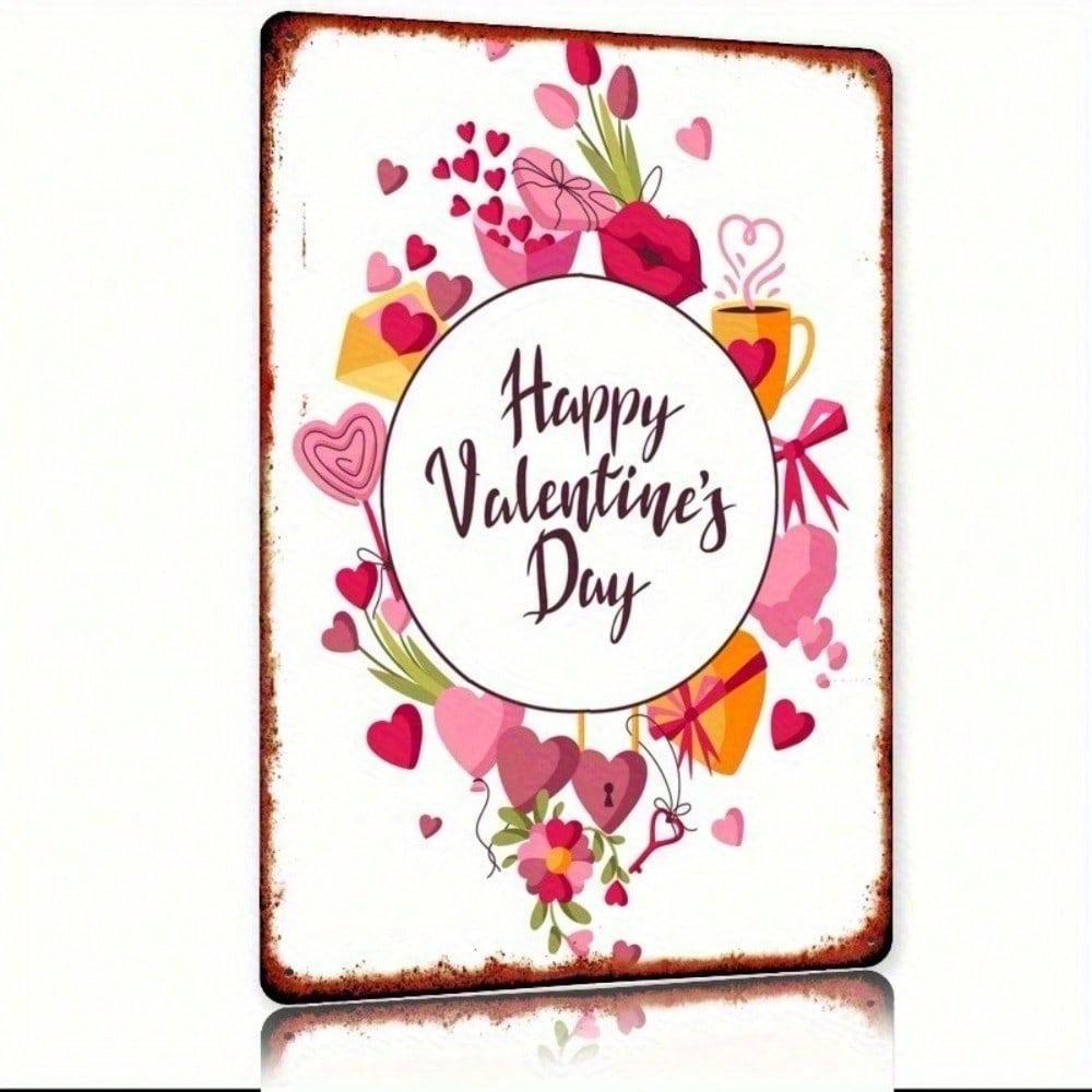 1pc 8x12in Pink Red Flower Heart Metal Sign Vintage Wall Art Home Decor