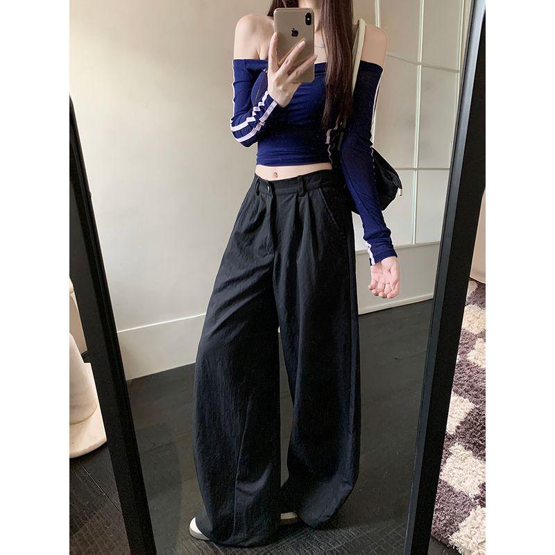 Kumikumi Retro Pure Color High Waist Draped Casual Pants Women's Clothing Fall Easiest for Match Loose Slim Looking Loose Pants