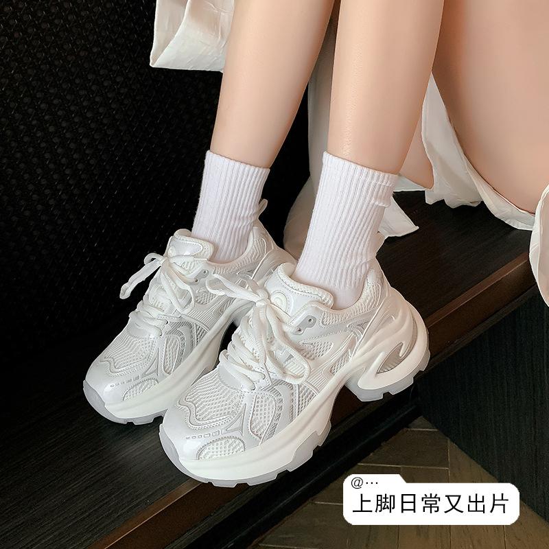 2025 dad shoes women's cloth lace-up silver-white heightened platform casual light training summer breathable sports shoes