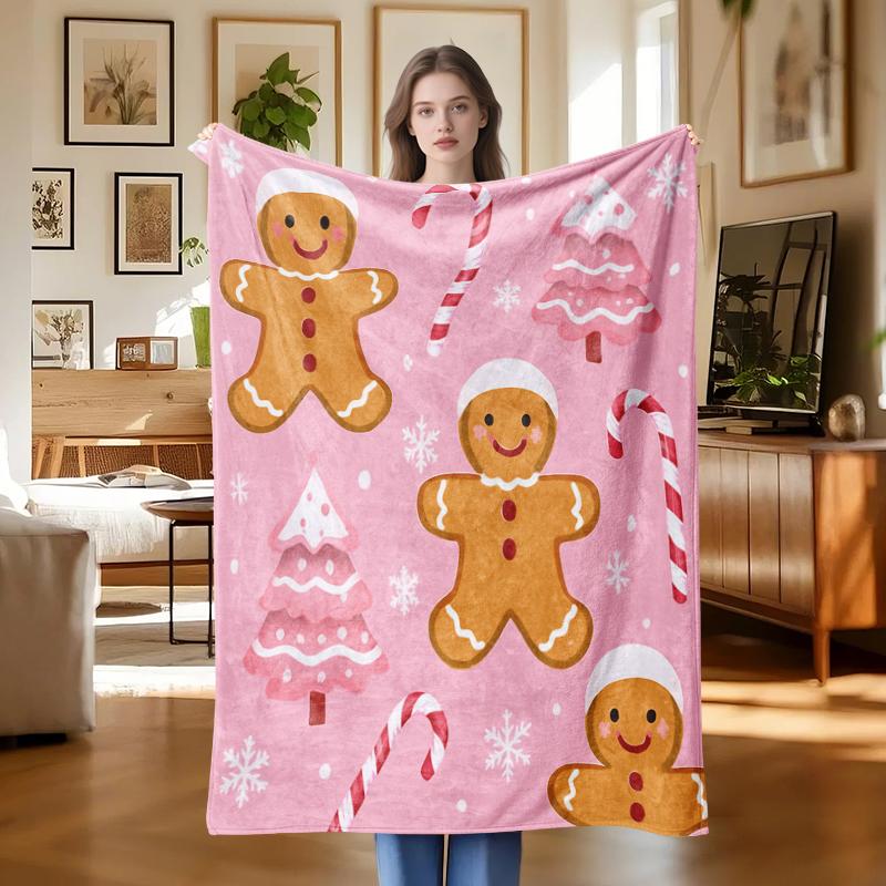 Christmas Gingerbread Flannel Blanket, Multi-purpose Camping Nap Blanket Bed Sofa Bedding Home Decoration Halloween Christmas