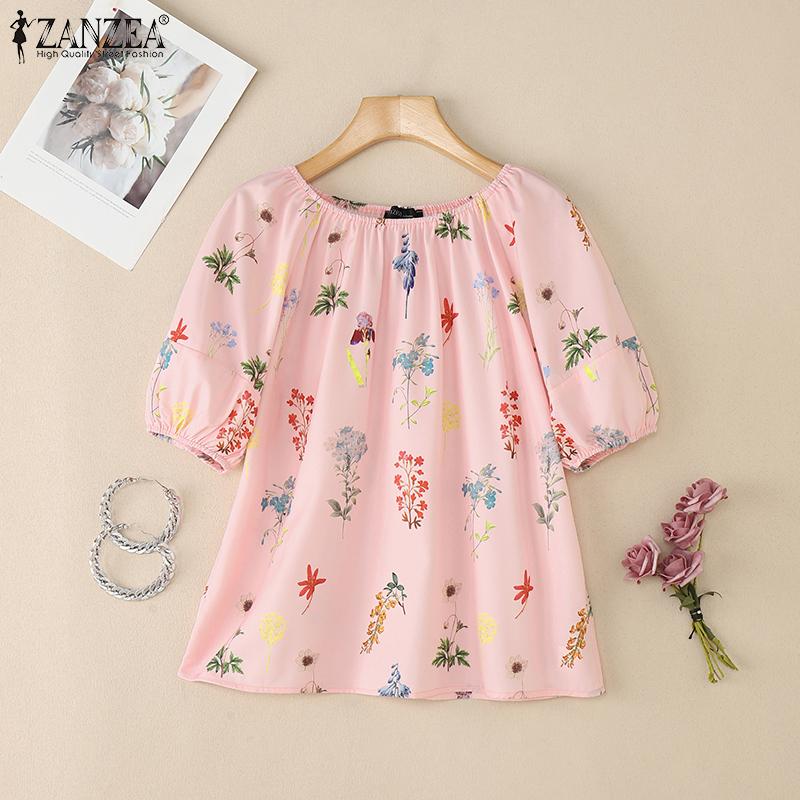 ZANZEA Blusa Feminina de Verão com Gola Redonda Casual Manga Curta Estampada