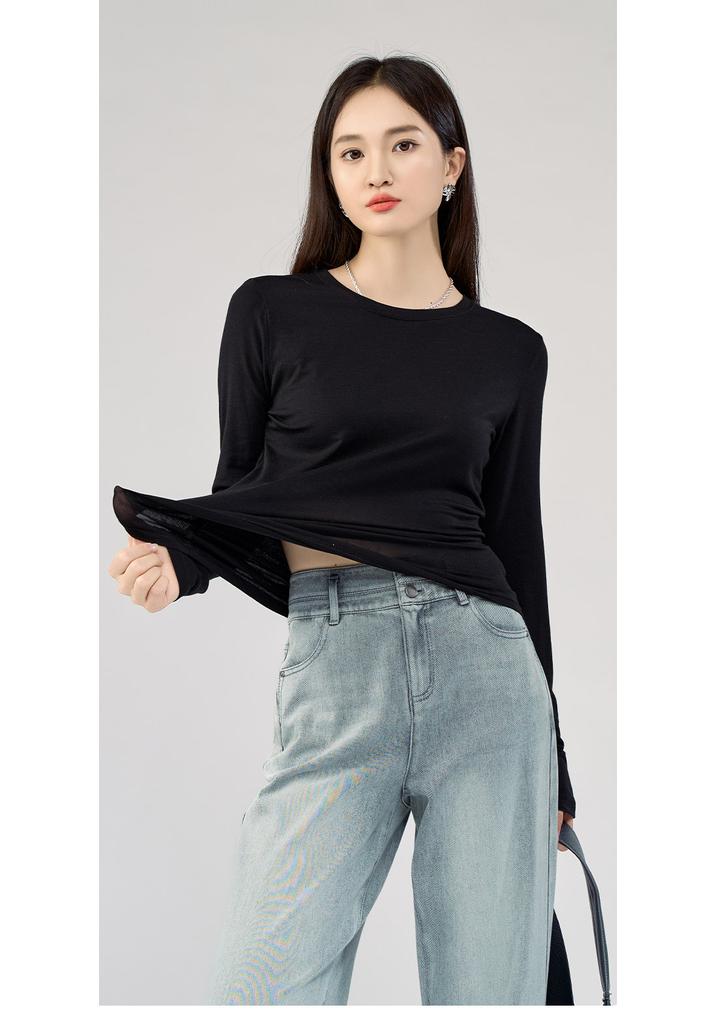 Lyocell soft wool round neck long sleeved T-shirt for women's front shoulder base