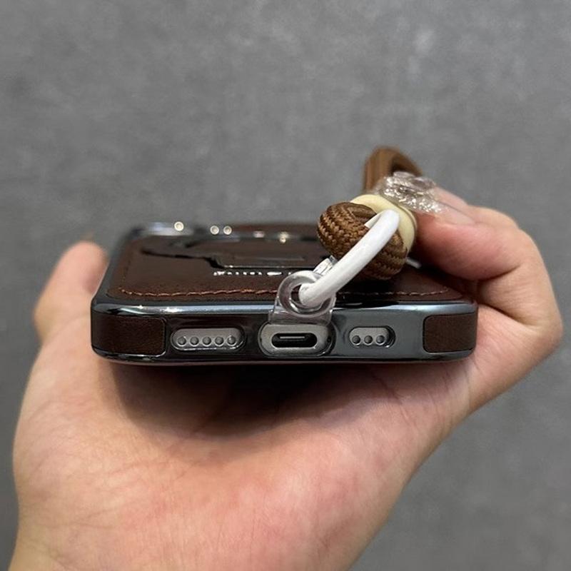 Obchodní kožené pouzdro s magnetickým držákem pro iPhone 16 Pro Max 15 Pro 14 13 12 Luxury Lanyard Shockproof for Magsafe Stand Phone Cover