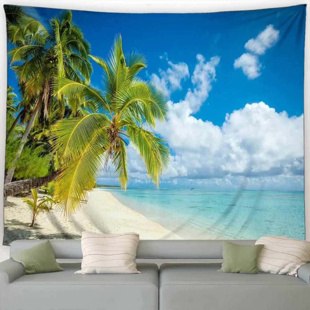 Island Landscape Wall Hanging Tapestry – Beach with Palm Trees At Dusk, Ocean Waves Fabric Art for Living Room, Dorm, Home Decor