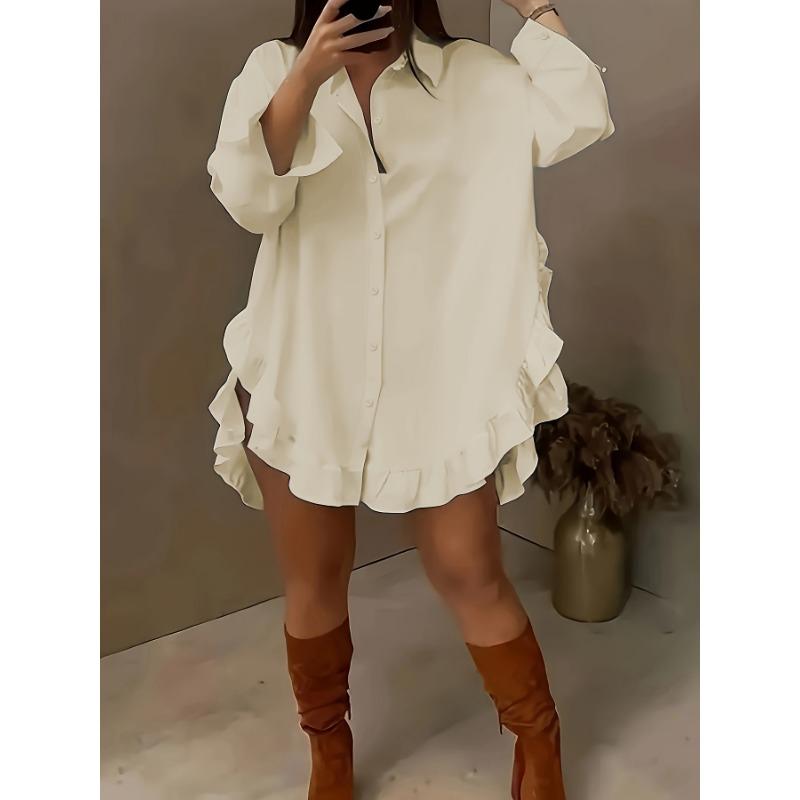 Women's Fashion Casual Spring Fall Solid Color Print Long Sleeve POLO Neck Ruffled Edge Blouses & Shirts