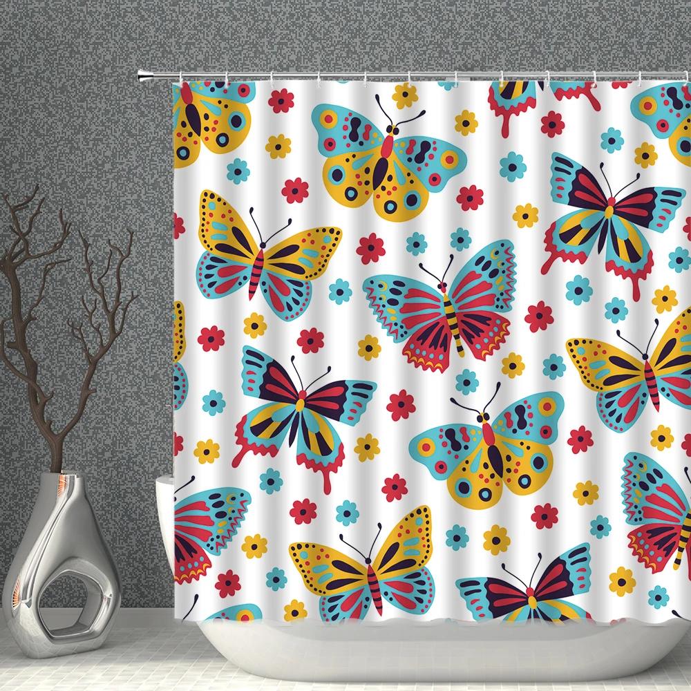 Cartoon Beige Shower Curtain Waterproof Cloth Colour Animal Butterfly White Print Bath Curtains Child Girl Bathroom Screen Set