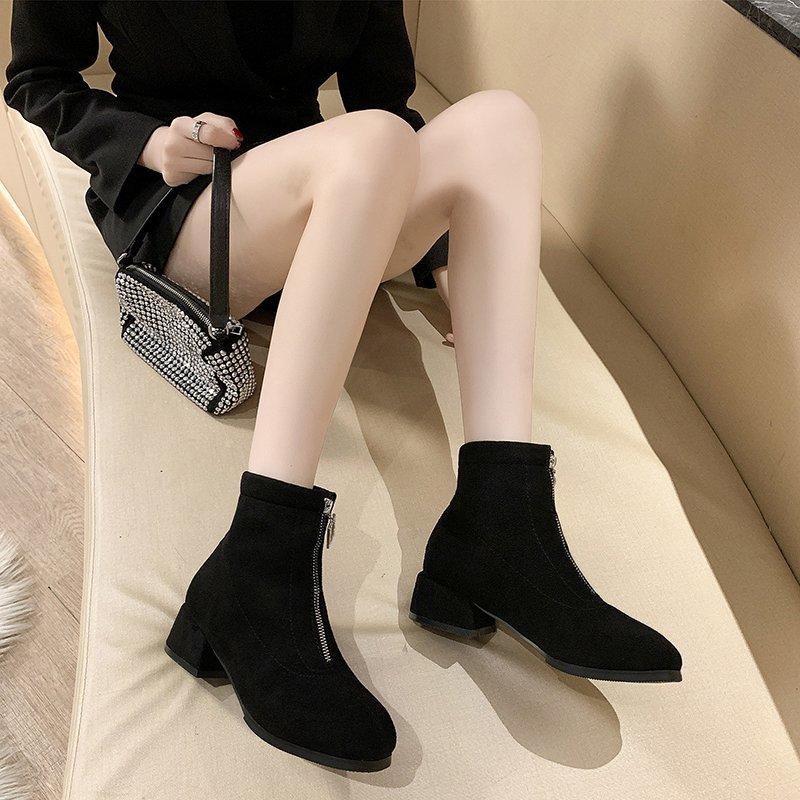 Podzimní nové elastické dámské krátké kozačky na silném podpatku vpředu zip dámské boty hranatá špička podpatek černý semiš Dámské botas femininas