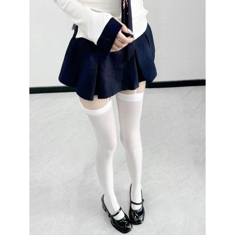 Women Suspender Wide-banded Velvet Tights Lolita Thin Thigh High Stockings with Garters College Style Over The Knee Socks