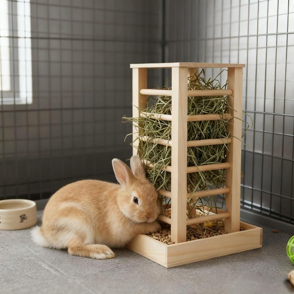 Practical Wooden Rabbit Hay Manger Detachable Durable Rabbit Hay Rack Self-Feeding Hay Feeder Pet Habitat
