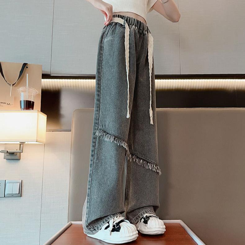 

Девочки Джинсы широкие весна и осень Девочки Свободные Интернет Красные Ретро Синие Прямая труба Детские брюки 140