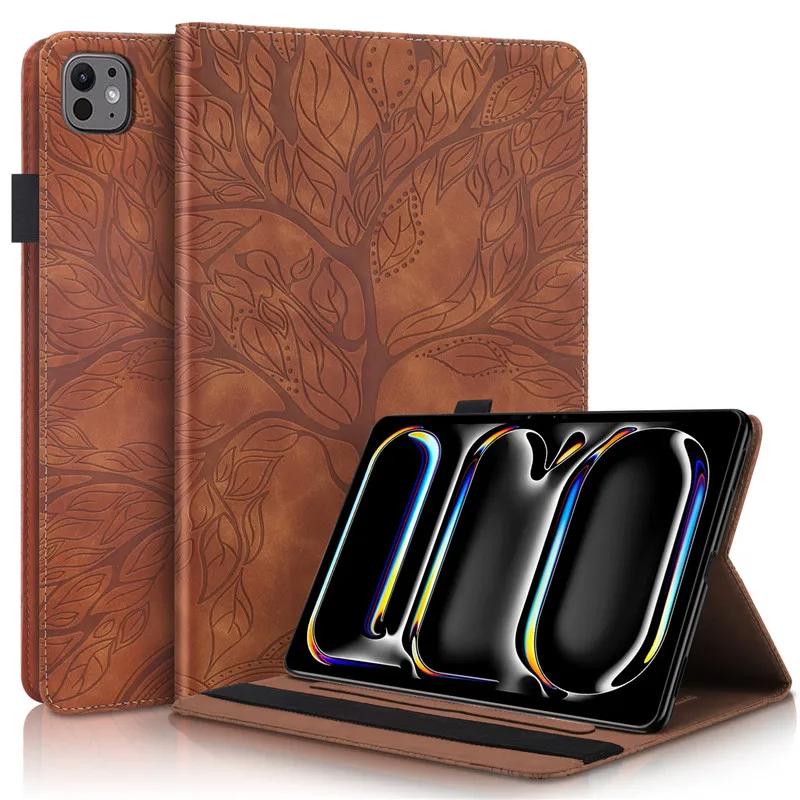 For iPad Pro 11 Case 2024 11.0 inch A2837 A3006 A2836 Embossed Wallet Slot Tree Funda For IPad Pro 11 2024 Cover Coque + Stylus