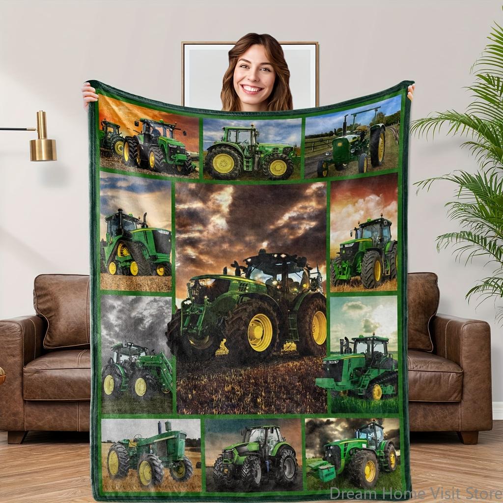 Zelený traktor a bagr plyšová deka-Měkká huňatá flanelová pohovky, postele, kanceláře, cestování, kempingová křesla, Teplá deka do ložnice