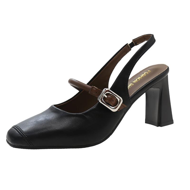 

Fashion Women s Sandals Summer New Leather High Heels Square Head Buckle Bao-head Sandals Casual Fashion Non-slip Soft Soled Sandals 34 чёрный