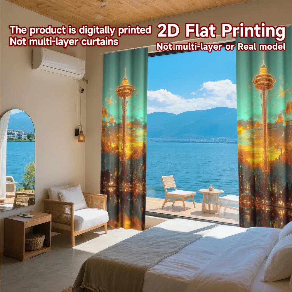 Set Of 2 Flat Printing Curtains Without Rod Futuristic City Sunset April Fools Is Day Holiday Digital Made Polyester