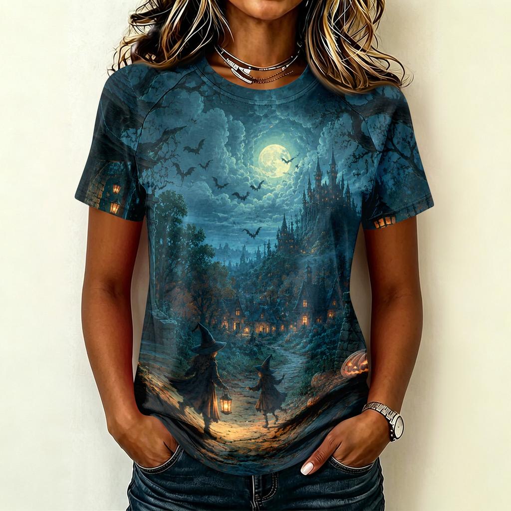 Womens Raglan Sleeve Casual T Shirt Halloween Print Short Sleeve Top Crew Neck Comfortable Fit Lightweight Fabric