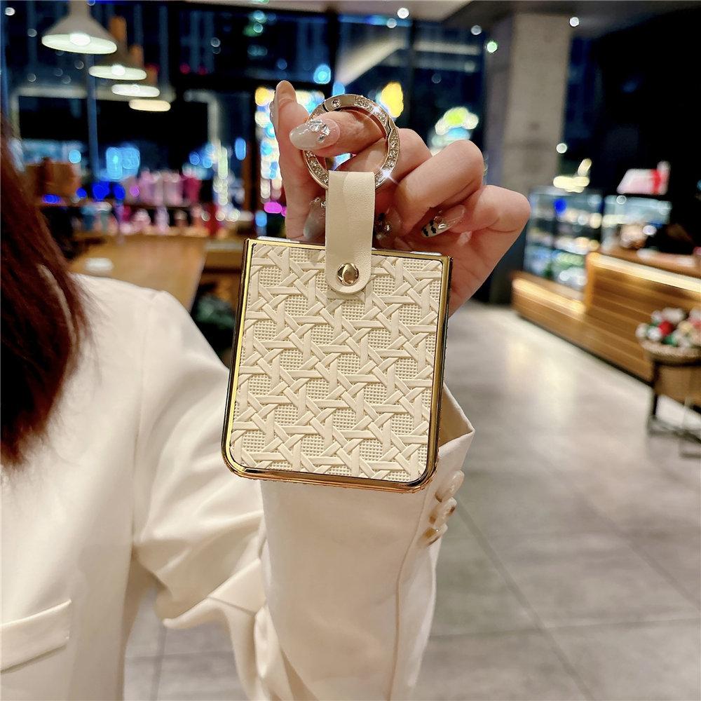 Woven Pattern Diamond Ring Holder Electroplating Case For Samsung Galazy Z Flip 6 5 4 3 Flip5 flip4 Flip3 Cover Funda