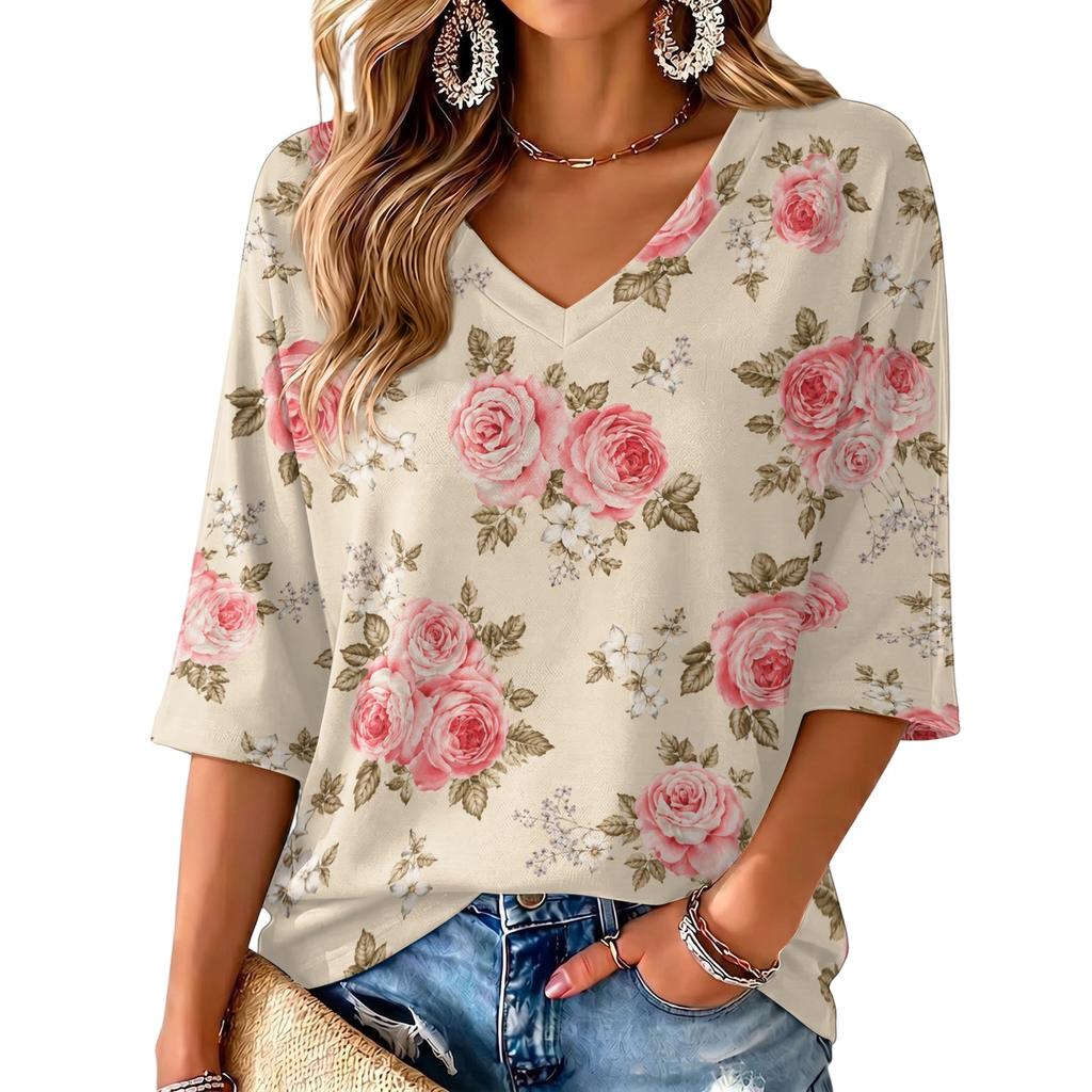 Women's V-Neck Retro Floral Print Lightweight Blouse for Spring and Summer