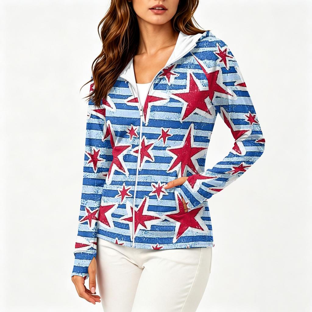 Women's Lightweight Long Sleeve Zip Up Hoodie with Pockets and Printed Design Sun Protection Jacket for Outdoor Activities