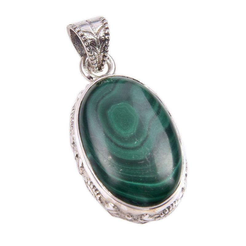 Pandantiv din argint 925 masiv, lucrat manual, cu piatră prețioasă naturală de malachit, 3,8 cm, r2H38