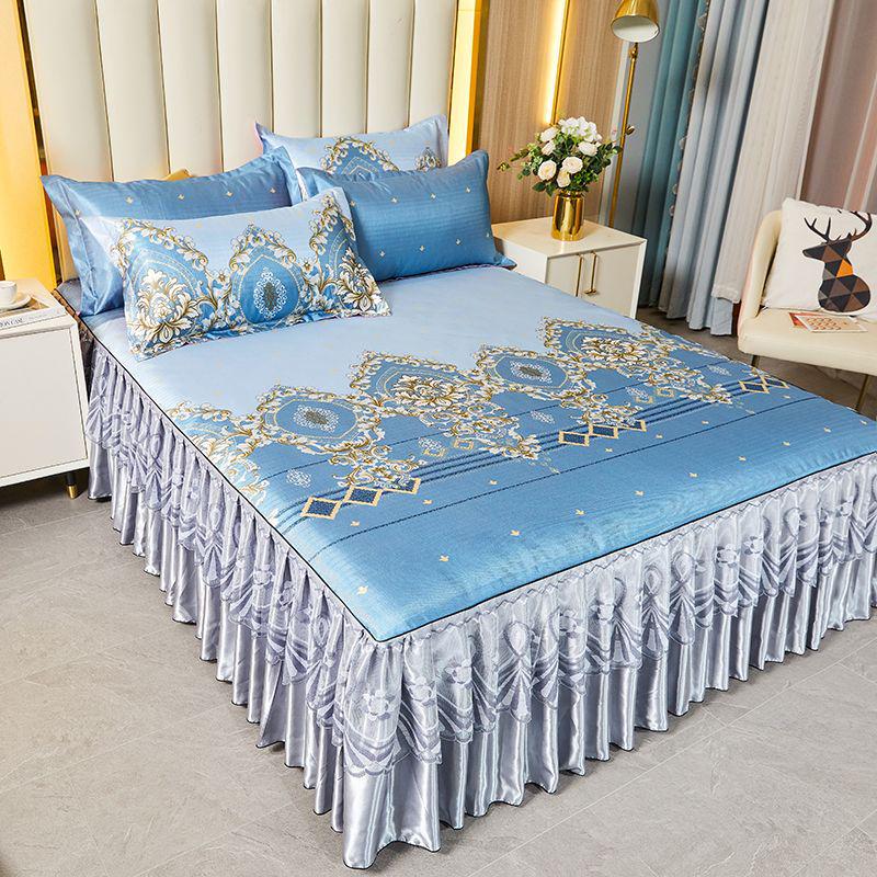 Ice Silk Lace Bed Skirt & Cool Mat Set - Breathable Rattan Design