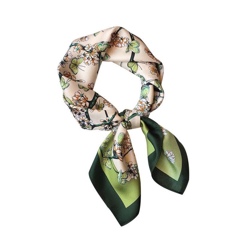 Korean Style Sweet Green Floral Butterfly Faux Silk Scarf - Women’s Versatile Spring/Summer Neck Scarf, 70cm Square.