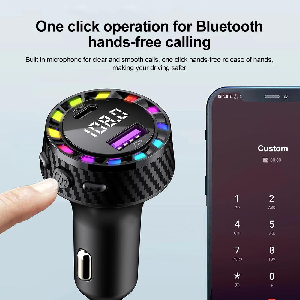 Car Bluetooth FM Transmitter Charger PD 30W Fast Charging USB Type C MP3 Player Handsfree Call Wireless Car Kit with LED Light