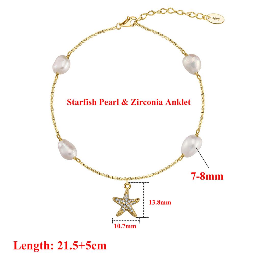 Effie Queen Elegant 925 Sterling Silver Freshwater Pearl Plus Zirconia Anklet Starfish Style Perfect for Summer Beach Gift SA74