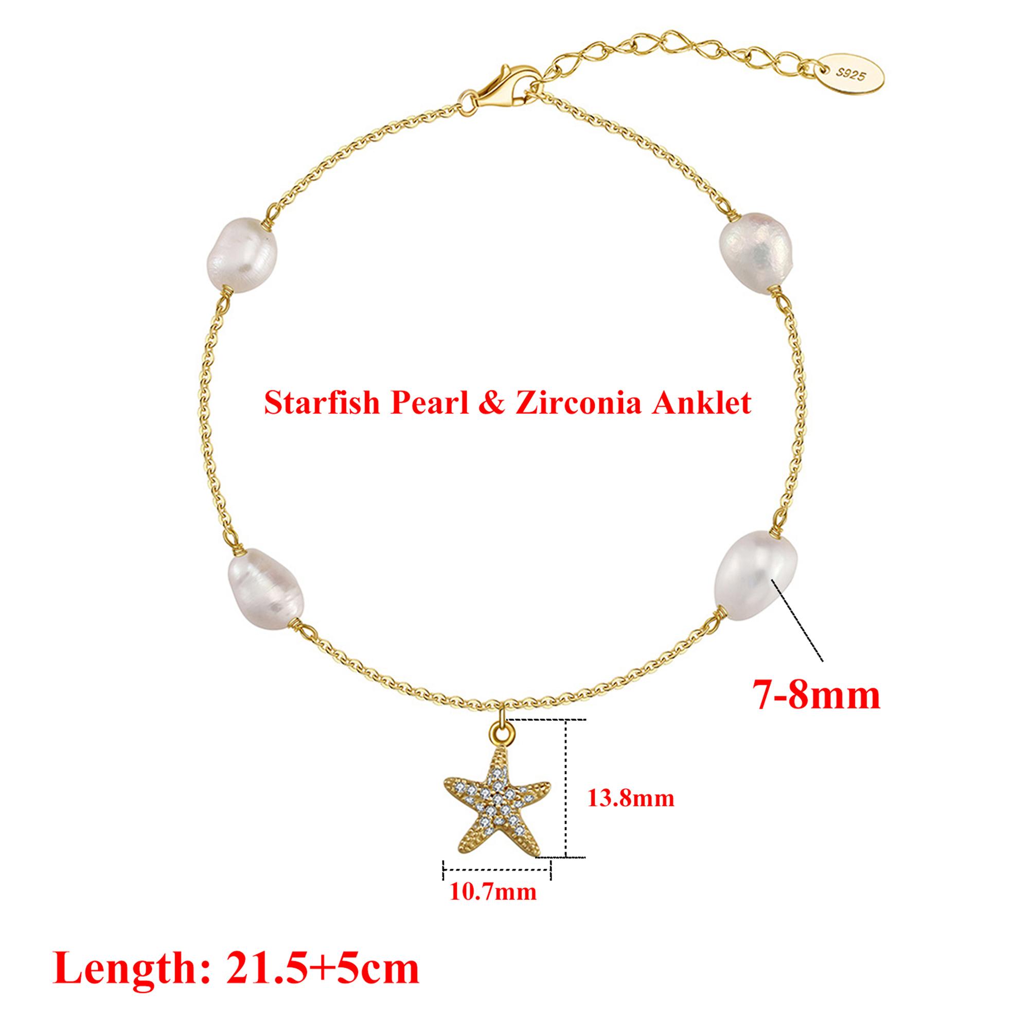 

Effie Queen Elegant 925 Sterling Silver Freshwater Pearl Plus Zirconia Anklet Starfish Style Perfect for Summer Beach Gift SA74
