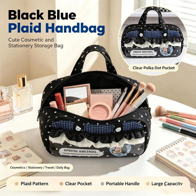 Plaid Polka Dot Lace Pencil Case Large Capacity Multi Compartment Clear Itabag Handheld Pen Bag