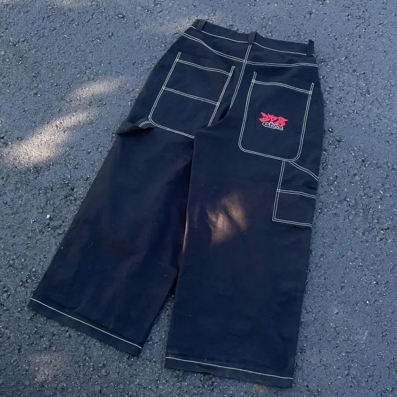 Męskie Jeansy Y2K Luźny Krój Wysoki Stan Szerokie Nogawki - Czarno-Niebieskie Elastyczna Bawełna Prosty Krój Płukane Wodą