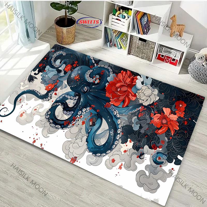 Japanese Octopus Painting Area Rug Non Slip Carpet for Bedroom Living Room Office Unique Floor Mat Home Decor